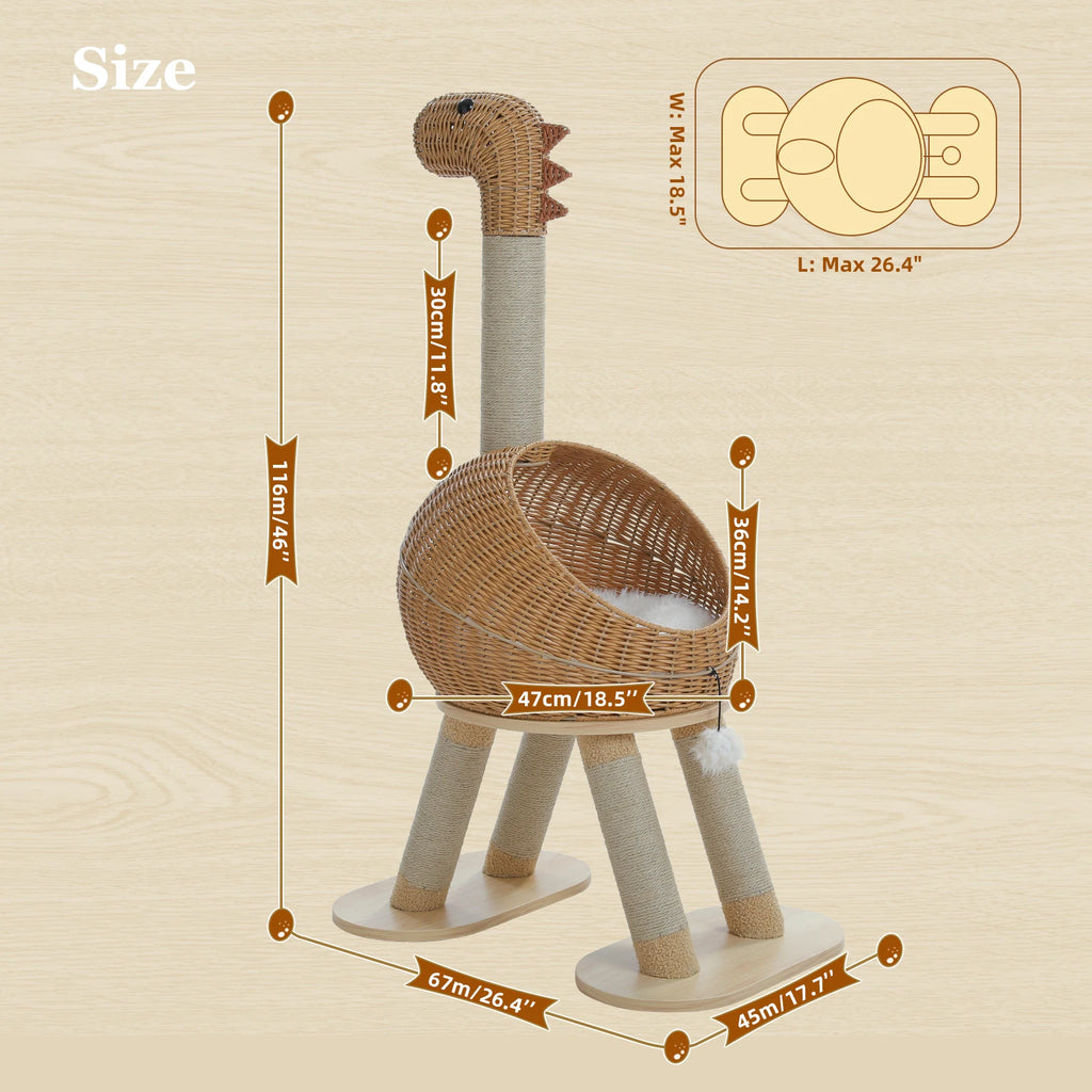 Dinosaur Cat Tree Tower with Sisal Scratching Post Large Rattan Cat Condo for Indoor Wicker Cat Bed with Removable Mat Cat Toys