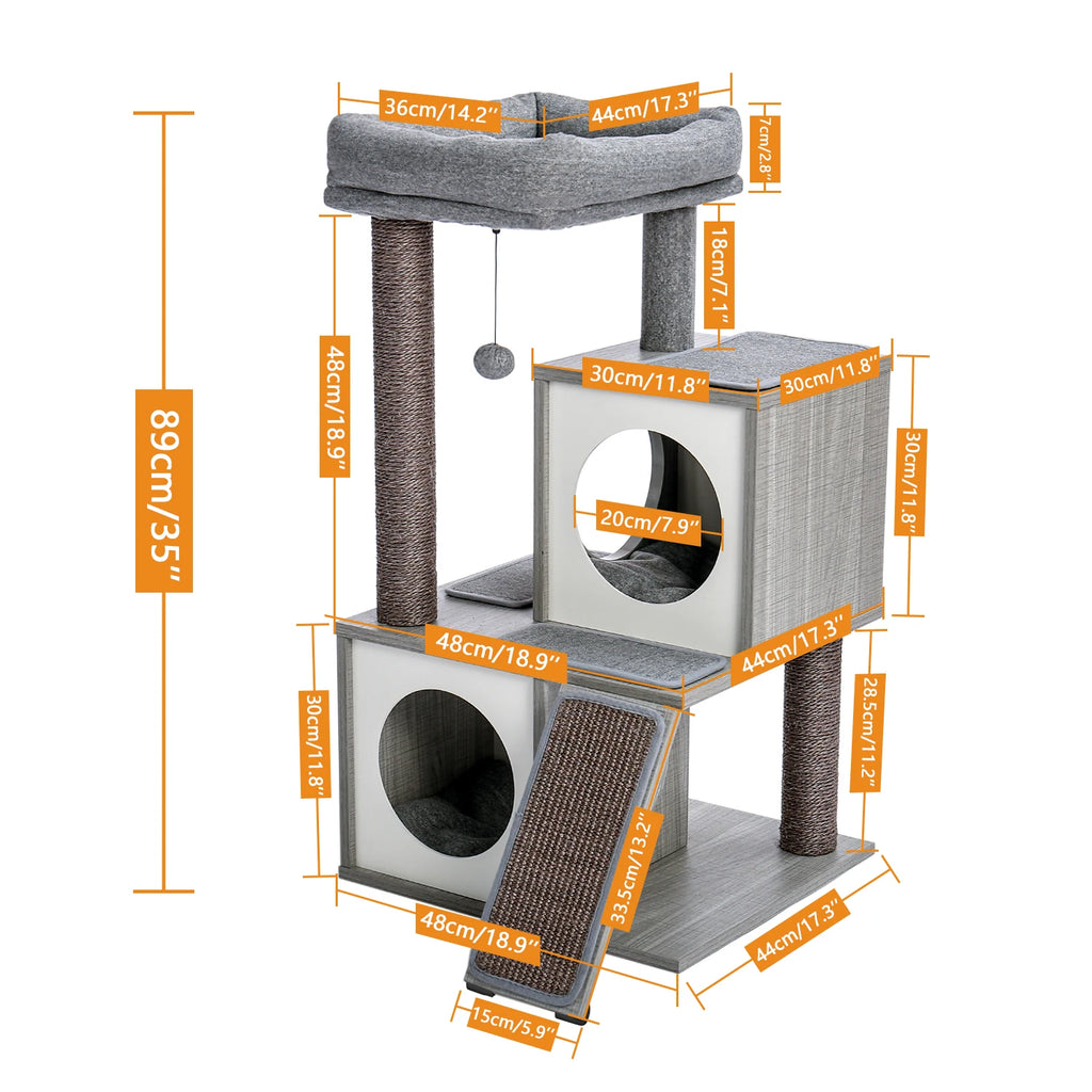 Modern Cat Tree with Sisal Scratching Posts Two Cozy Cat Condo Wooden Cat Tower for Indoor Cats Kitten Furniture House Cat Toys