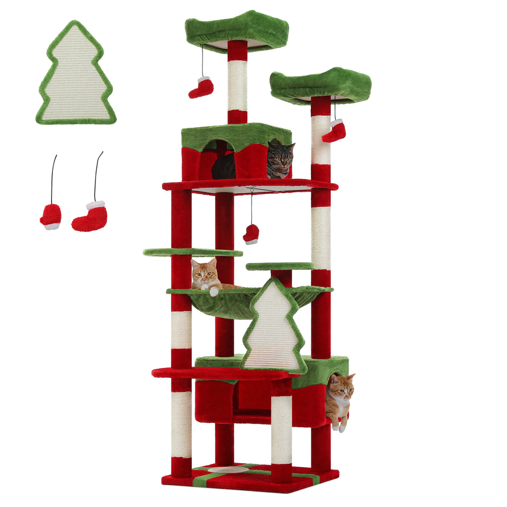 Christmas Festival Cat Tree Tower with 3 Cozy Condos,Sisal Scratching Posts,Cat House Bed Cat Furniture,Cat Accessories for Cats
