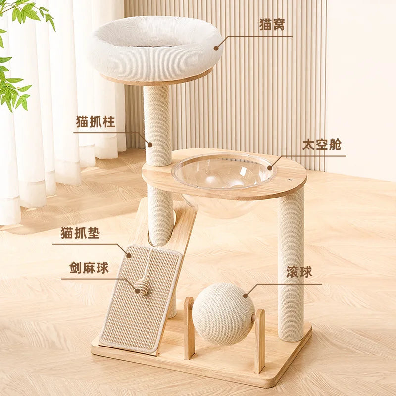 Compact Solid Wood Cat Tower with Scratching Post And Perch Cozy Space Saving Cat House for Home