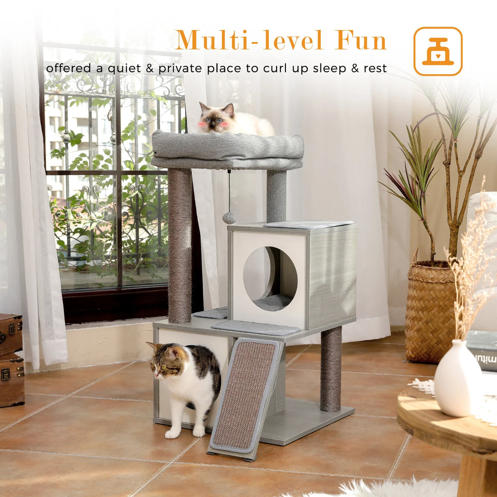 Modern Cat Tree with Sisal Scratching Posts Two Cozy Cat Condo Wooden Cat Tower for Indoor Cats Kitten Furniture House Cat Toys