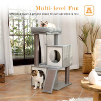 Modern Cat Tree with Sisal Scratching Posts Two Cozy Cat Condo Wooden Cat Tower for Indoor Cats Kitten Furniture House Cat Toys