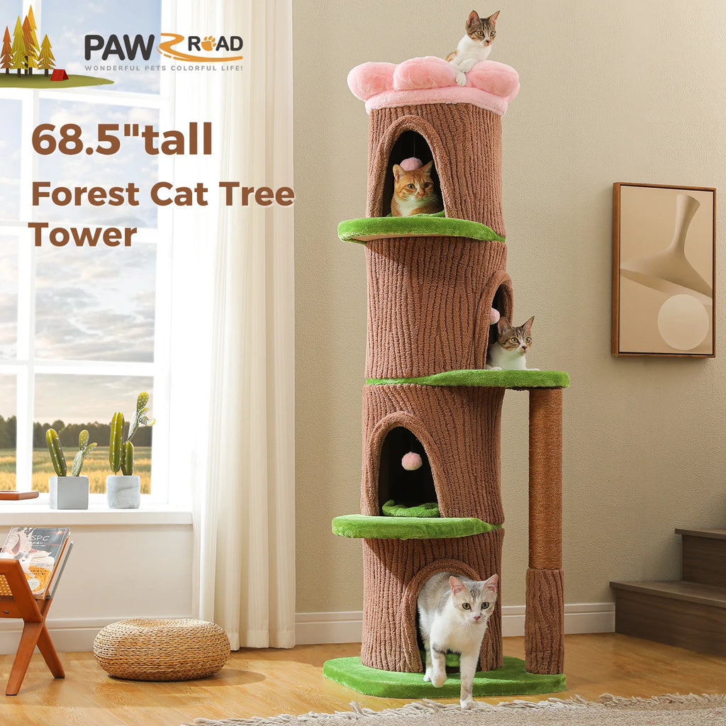 Wood Cat Tree with Cozy Condos Natural Scratching Posts Flower Perch Modern Cat Tower for Indoor Multi-Level Cat House Cat Toys
