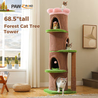 Wood Cat Tree with Cozy Condos Natural Scratching Posts Flower Perch Modern Cat Tower for Indoor Multi-Level Cat House Cat Toys