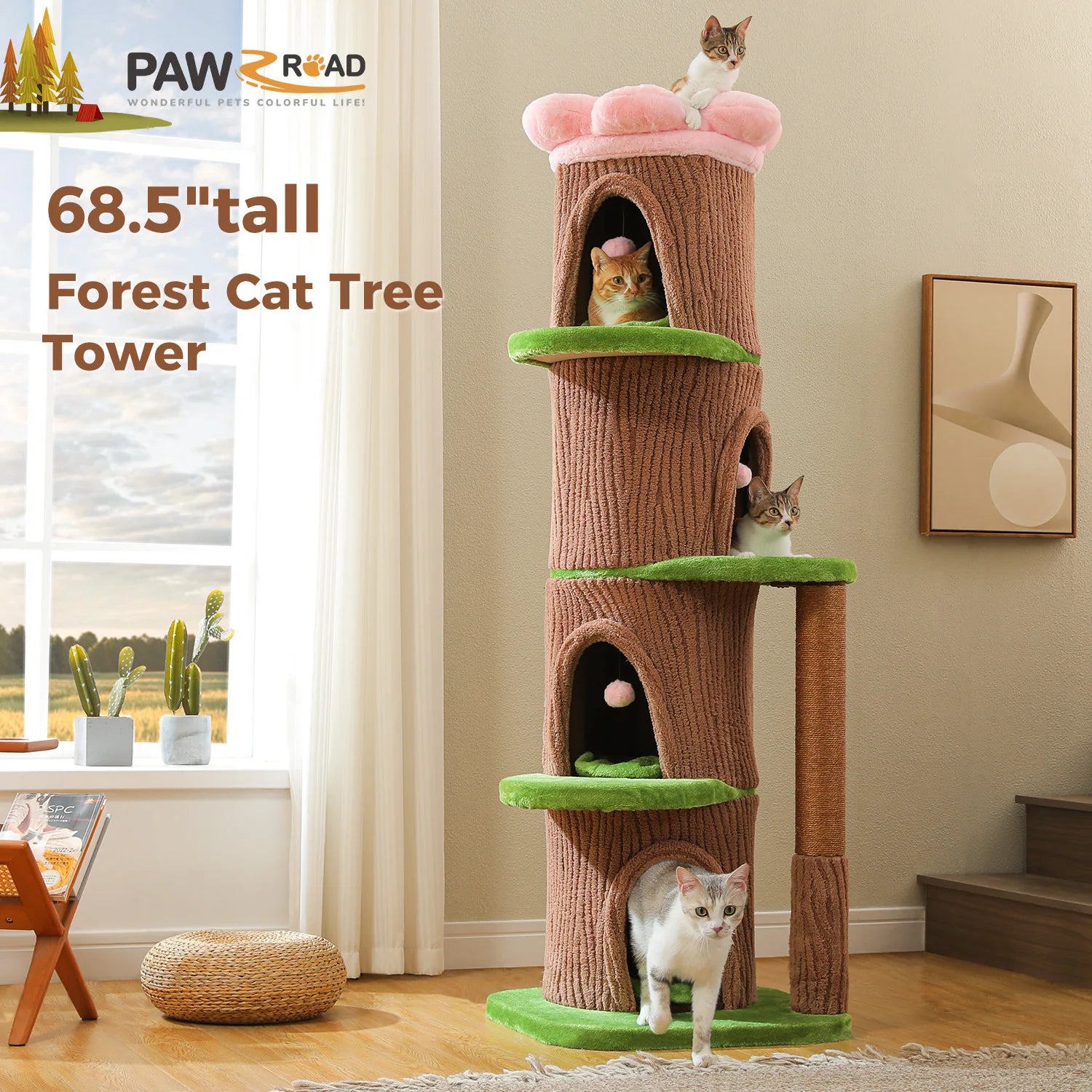 Wood Cat Tree with Cozy Condos Natural Scratching Posts Flower Perch Modern Cat Tower for Indoor Multi-Level Cat House Cat Toys