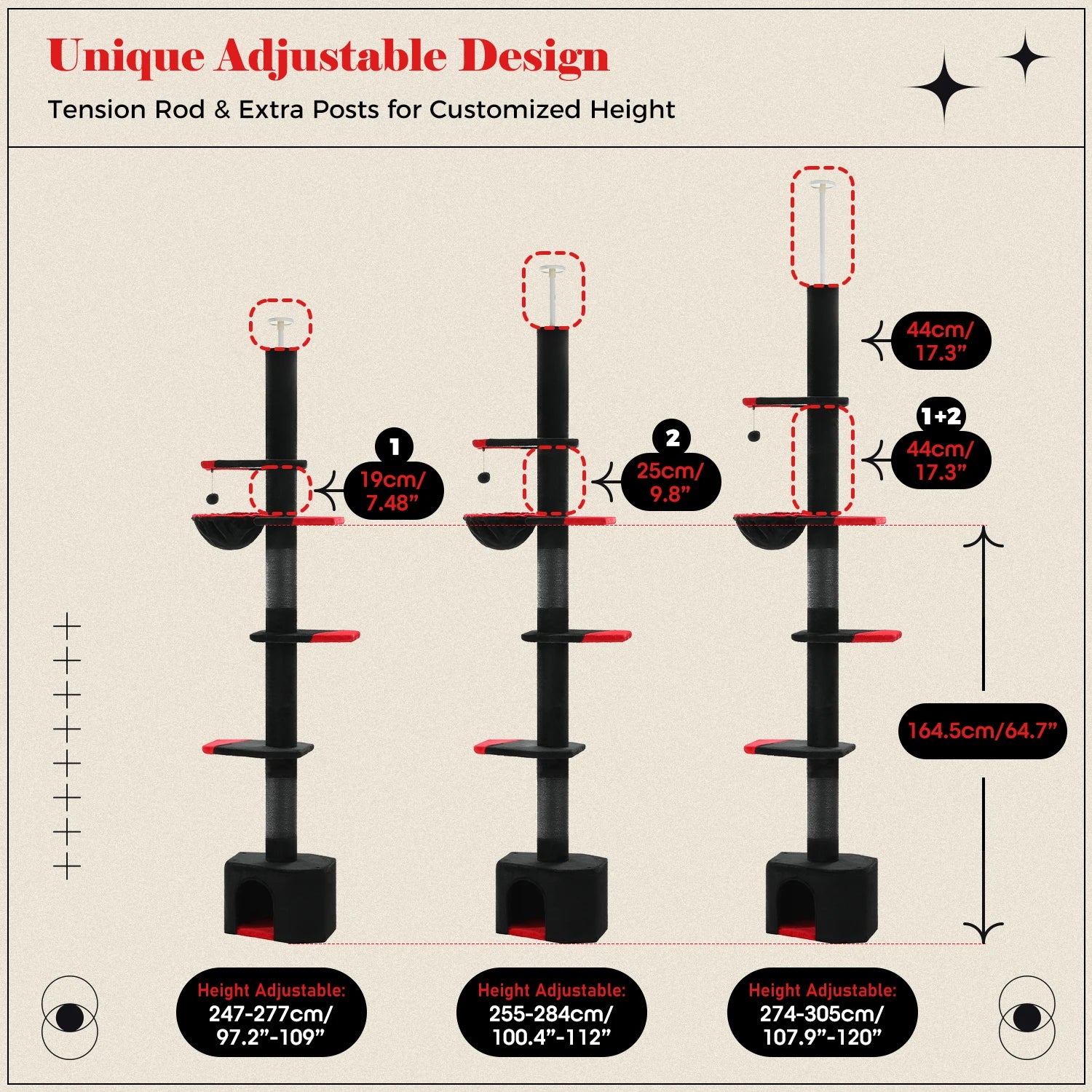 Adjustable Height Cat Tree for Indoor, Floor to Ceiling Cat Tower with Scratching Posts, Cat Condo, Hammock and Dangling Balls