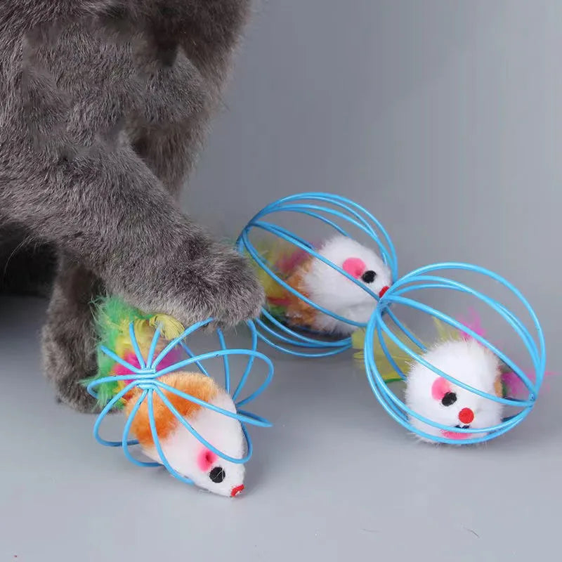 Cage Mice Ball Plush Simulation Colored Mouse Interactive Cat Toys Caged Mouse Ball Feather Wand Durable Plush Teaser