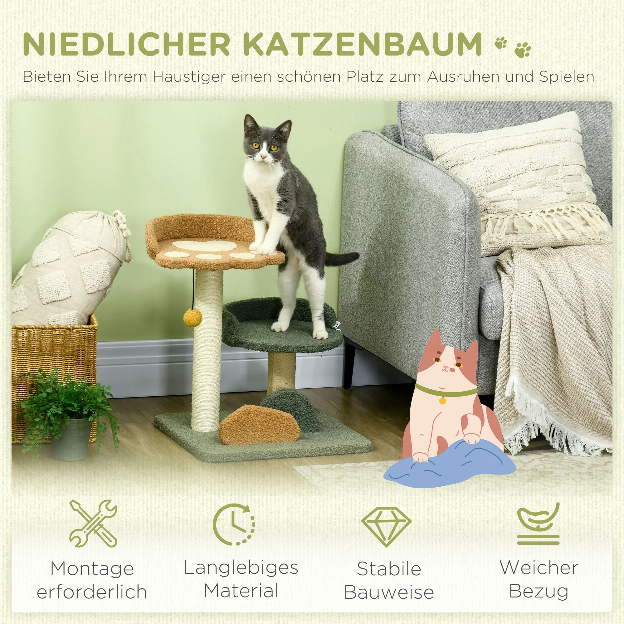 PawHut Scratching Post 52cm Cat Scratching Post Climbing Tree with 2 Levels, Sisal Play Ball