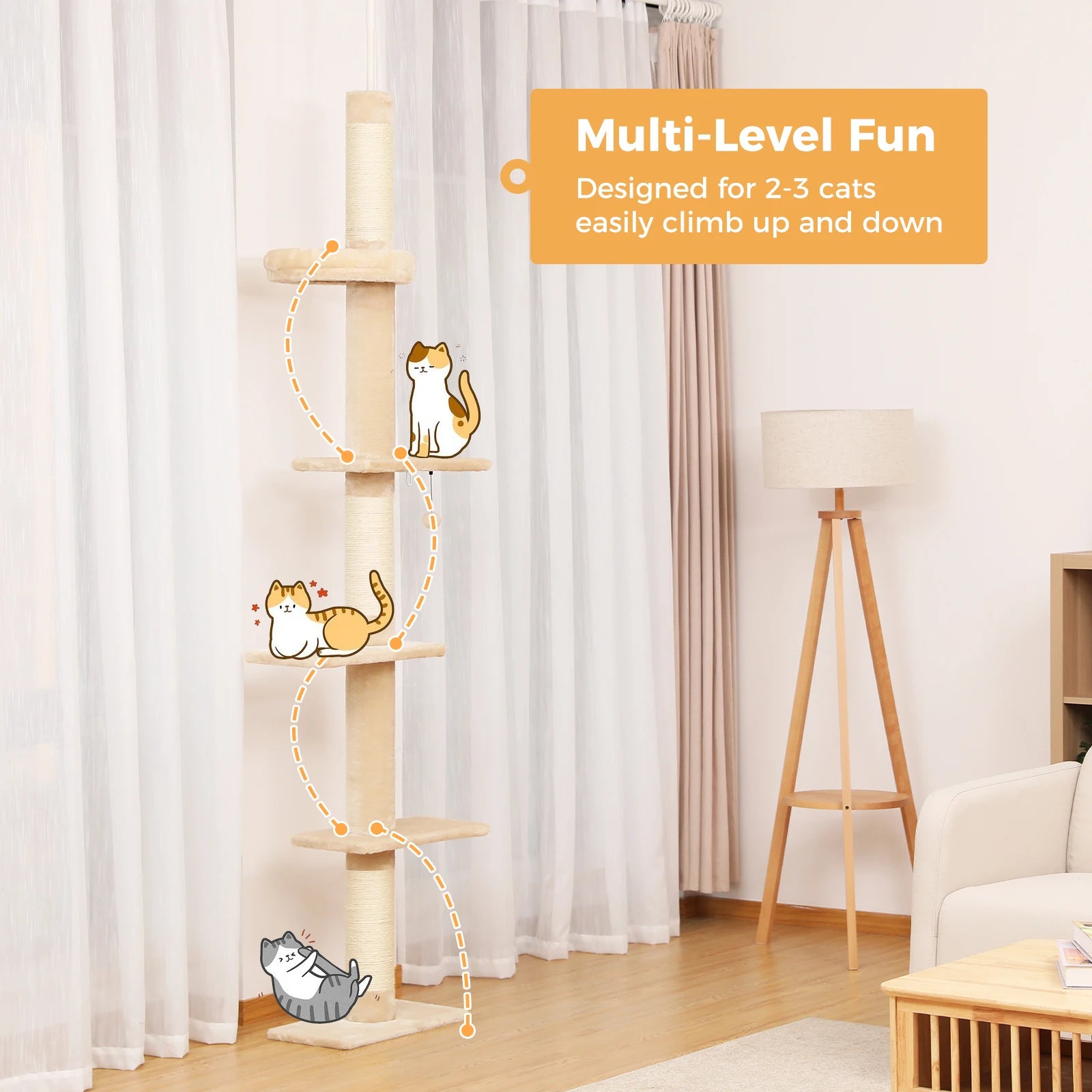 Adjustable Height Tall Cat Tree for Indoor Floor to Ceiling Cat Tower with Scratching Posts Cat Climbing Tree Scratcher Cat Toys