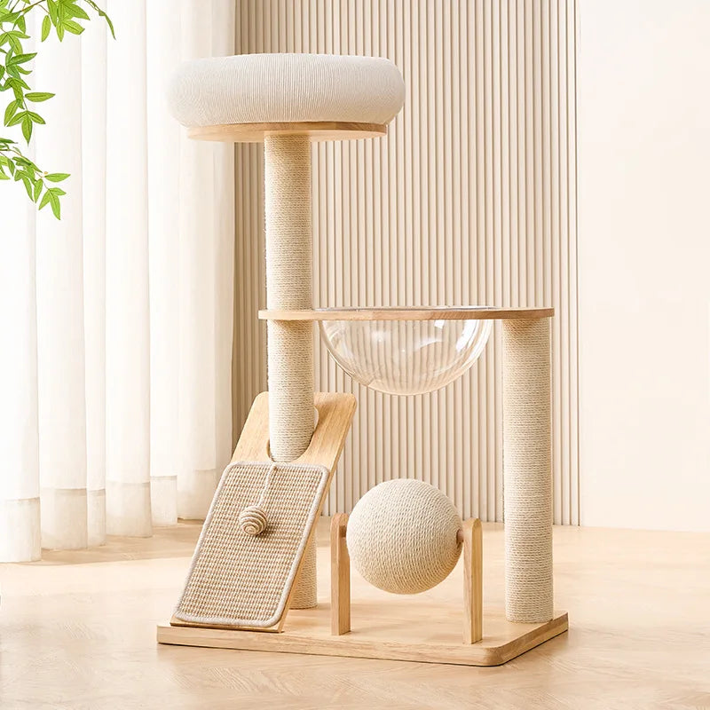 Compact Solid Wood Cat Tower with Scratching Post And Perch Cozy Space Saving Cat House for Home