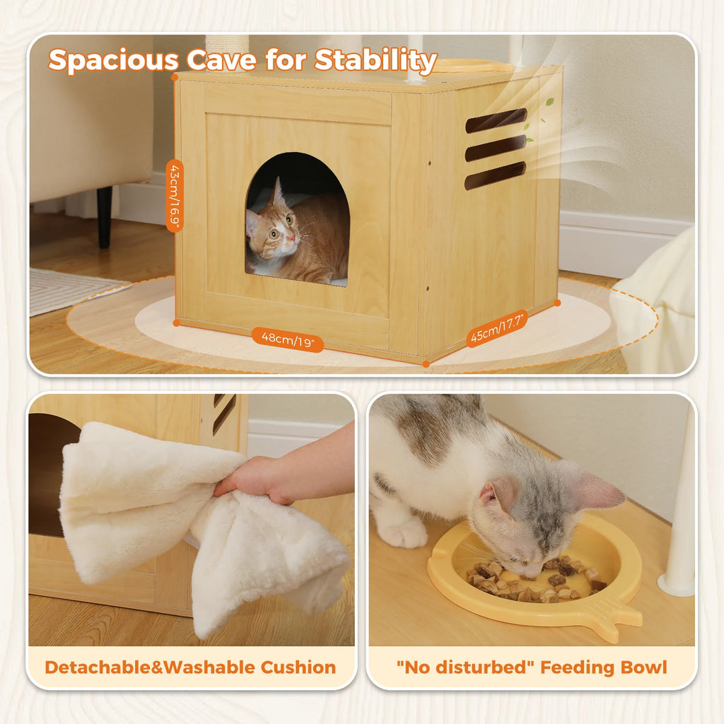 Wood Cat Tower with Extra Large Condos & Hammocks, Spacious Perch, Sisal Scratching Mat, 190 cm Large Cat Tree with Feeding Area