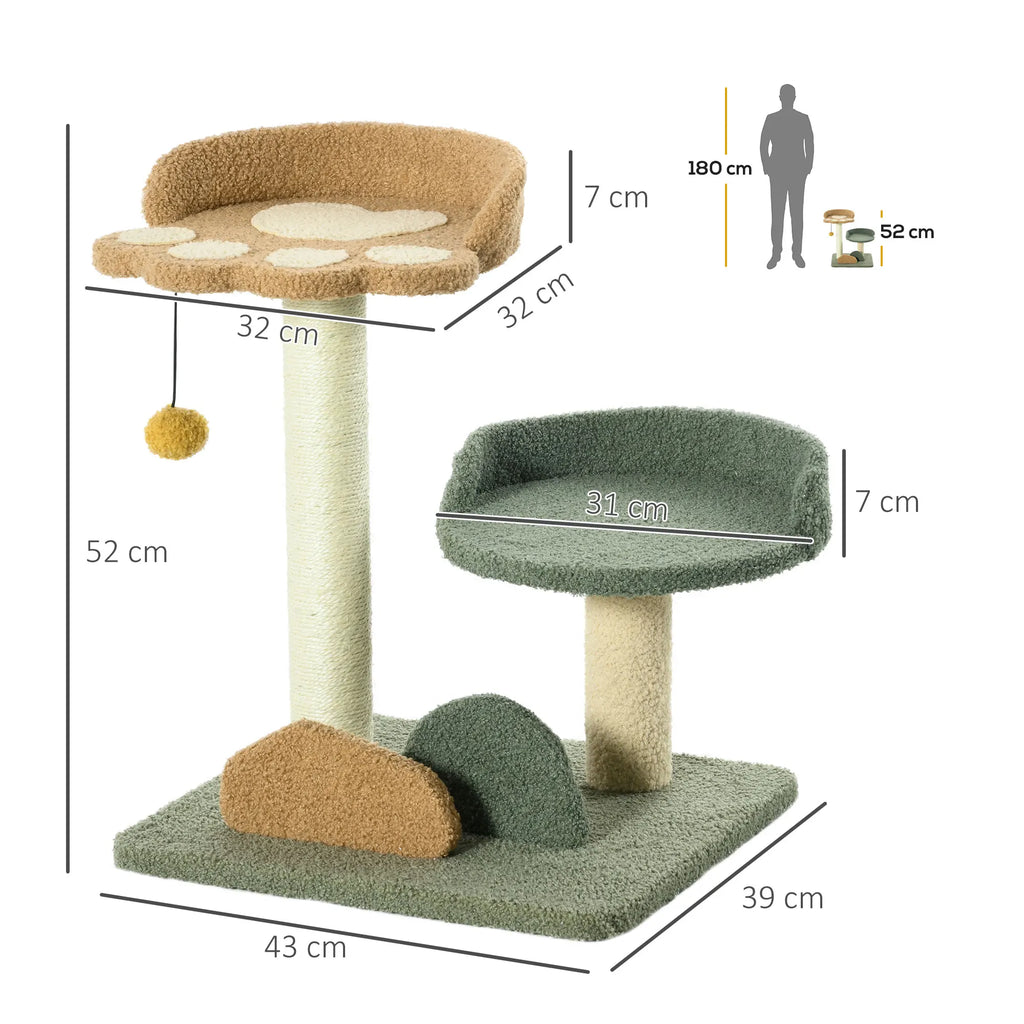 PawHut Scratching Post 52cm Cat Scratching Post Climbing Tree with 2 Levels, Sisal Play Ball