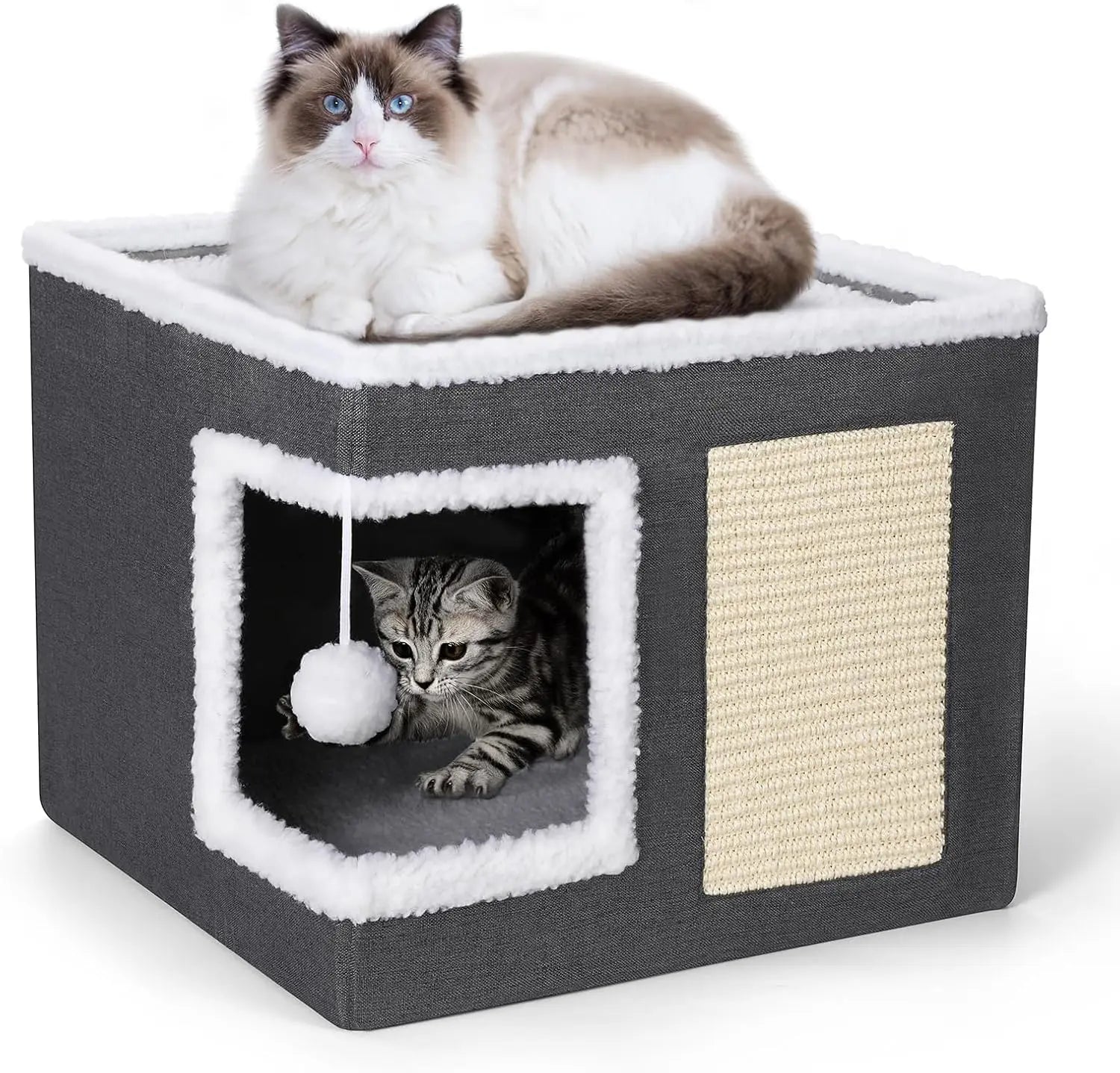 Cat Beds for Indoor Cats - Large Cat Cave for Pet Cat House with Fluffy Ball Hanging and Scratch Pad, Foldable Cat Hideaway