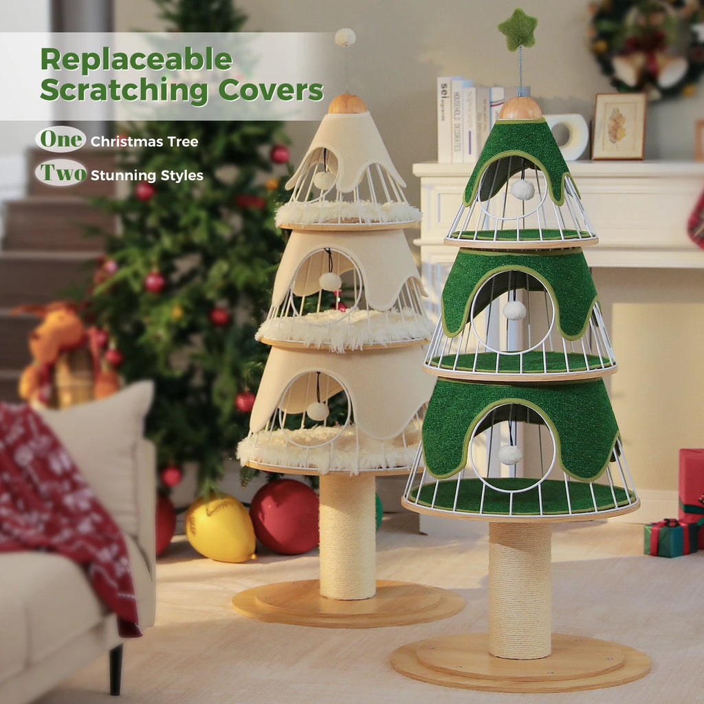Christmas Festival Cat Tree Tower with 3 Cozy Condos,Sisal Scratching Posts,Cat House Bed Cat Furniture,Cat Accessories for Cats