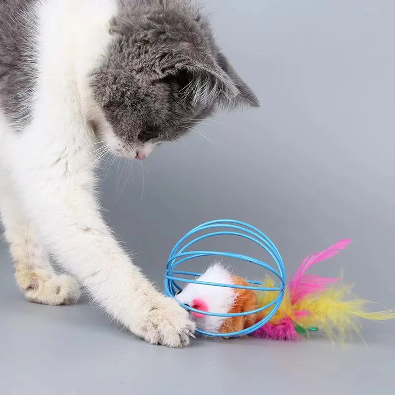 Cage Mice Ball Plush Simulation Colored Mouse Interactive Cat Toys Caged Mouse Ball Feather Wand Durable Plush Teaser
