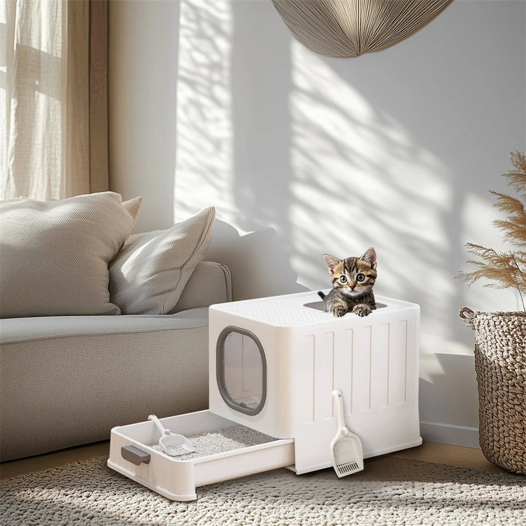 Cat Litter Box with Drawer,Enclosed Plastic Litter Box for Cat with Lid and Scoop,Front & Top Doors,Acrylic Window Little Box