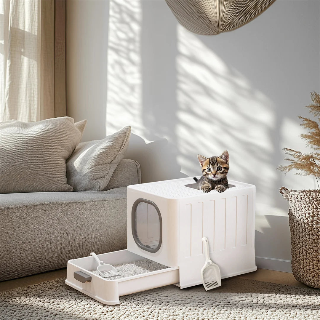 Cat Litter Box with Drawer,Enclosed Plastic Litter Box for Cat with Lid and Scoop,Front & Top Doors,Acrylic Window Little Box