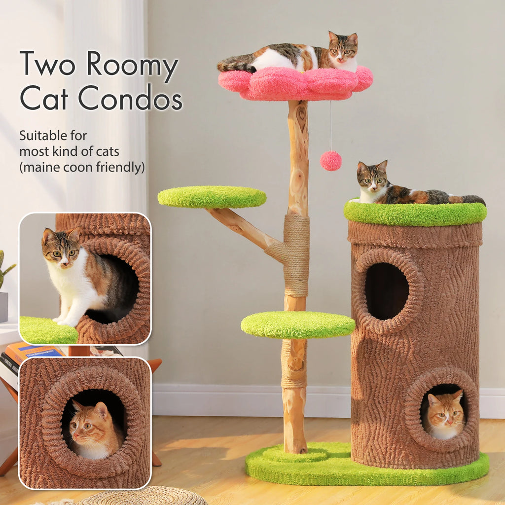 Wood Cat Tree with Cozy Condos Natural Scratching Posts Flower Perch Modern Cat Tower for Indoor Multi-Level Cat House Cat Toys
