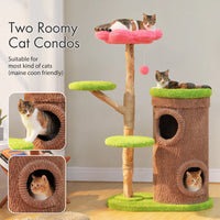 Wood Cat Tree with Cozy Condos Natural Scratching Posts Flower Perch Modern Cat Tower for Indoor Multi-Level Cat House Cat Toys