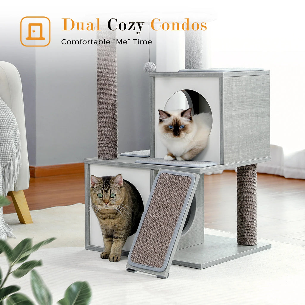 Modern Cat Tree with Sisal Scratching Posts Two Cozy Cat Condo Wooden Cat Tower for Indoor Cats Kitten Furniture House Cat Toys