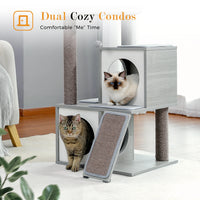 Modern Cat Tree with Sisal Scratching Posts Two Cozy Cat Condo Wooden Cat Tower for Indoor Cats Kitten Furniture House Cat Toys