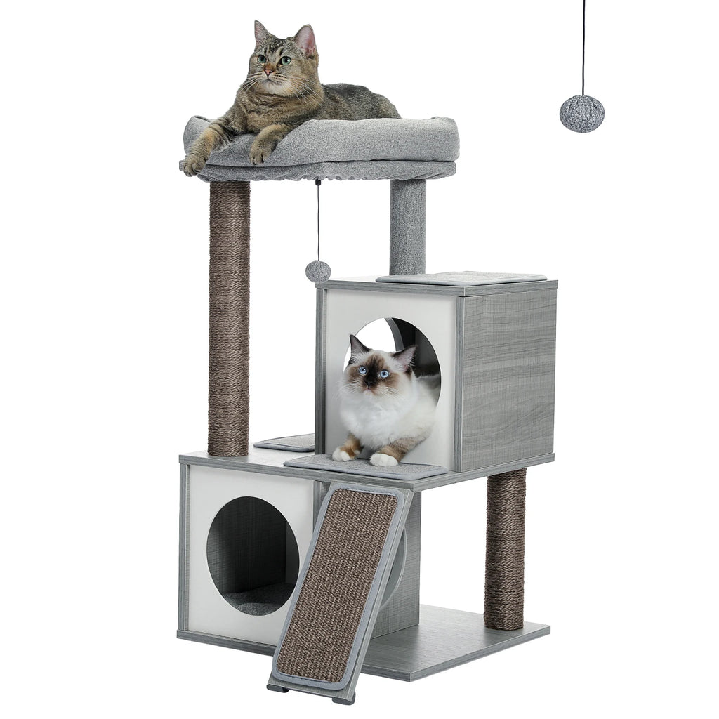 Modern Cat Tree with Sisal Scratching Posts Two Cozy Cat Condo Wooden Cat Tower for Indoor Cats Kitten Furniture House Cat Toys