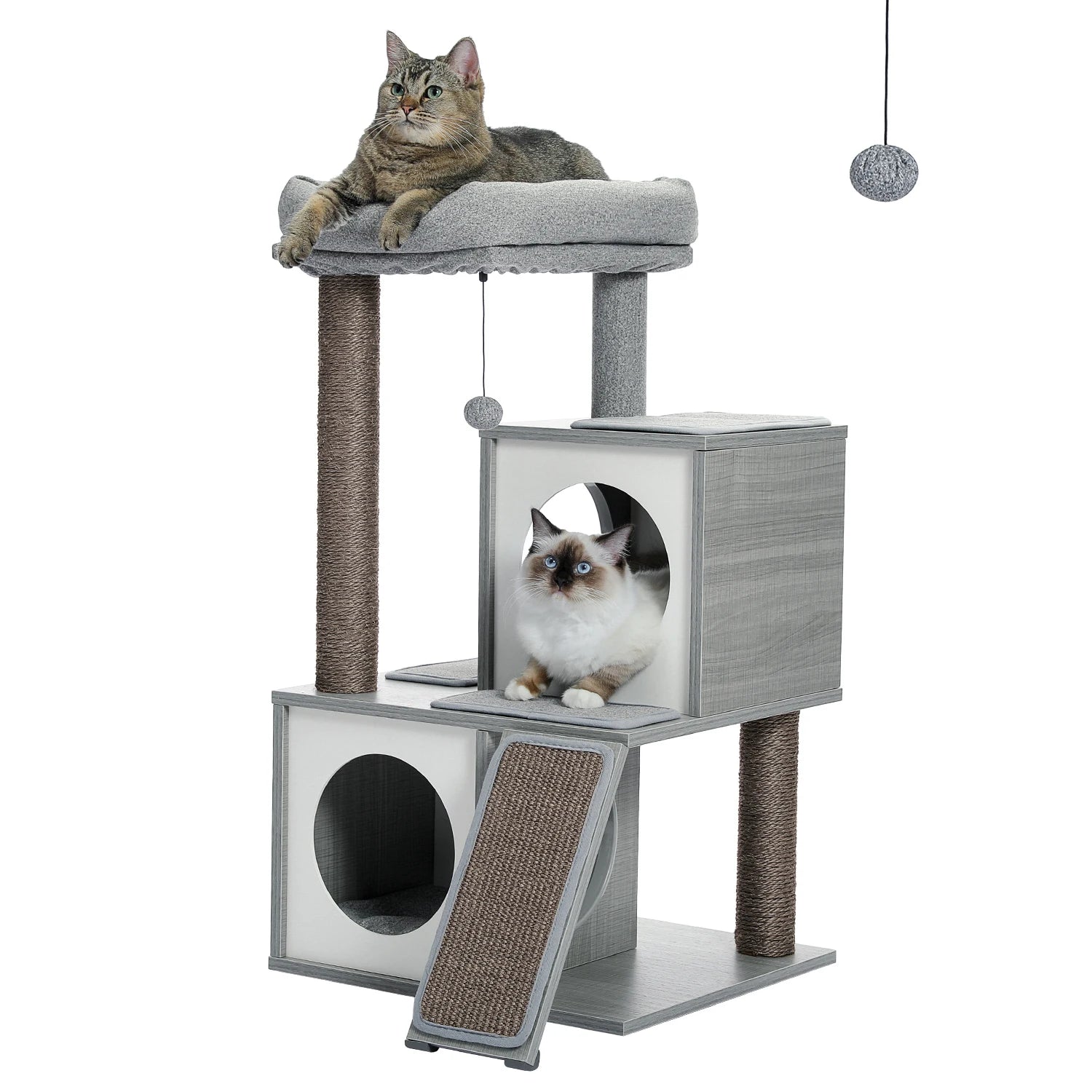 Modern Cat Tree with Sisal Scratching Posts Two Cozy Cat Condo Wooden Cat Tower for Indoor Cats Kitten Furniture House Cat Toys