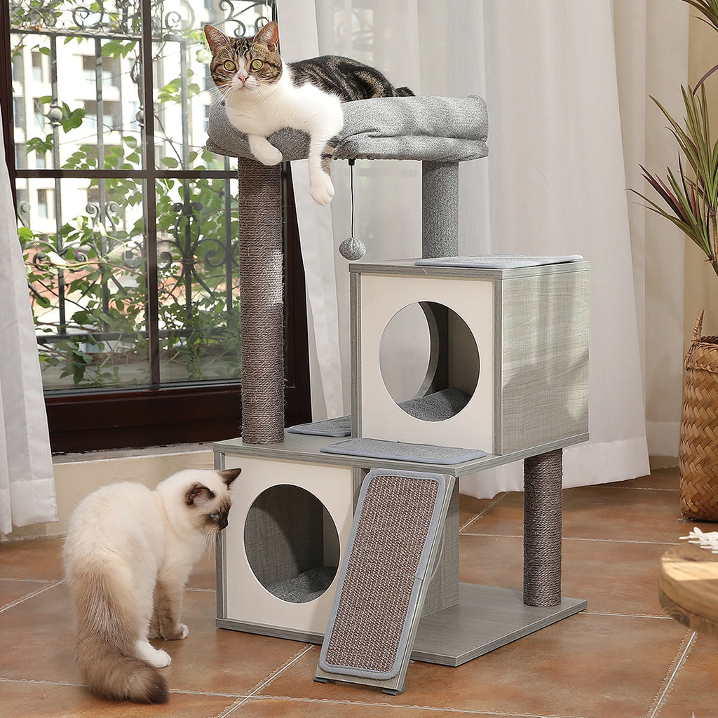 Modern Cat Tree with Sisal Scratching Posts Two Cozy Cat Condo Wooden Cat Tower for Indoor Cats Kitten Furniture House Cat Toys