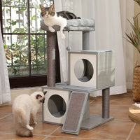 Modern Cat Tree with Sisal Scratching Posts Two Cozy Cat Condo Wooden Cat Tower for Indoor Cats Kitten Furniture House Cat Toys