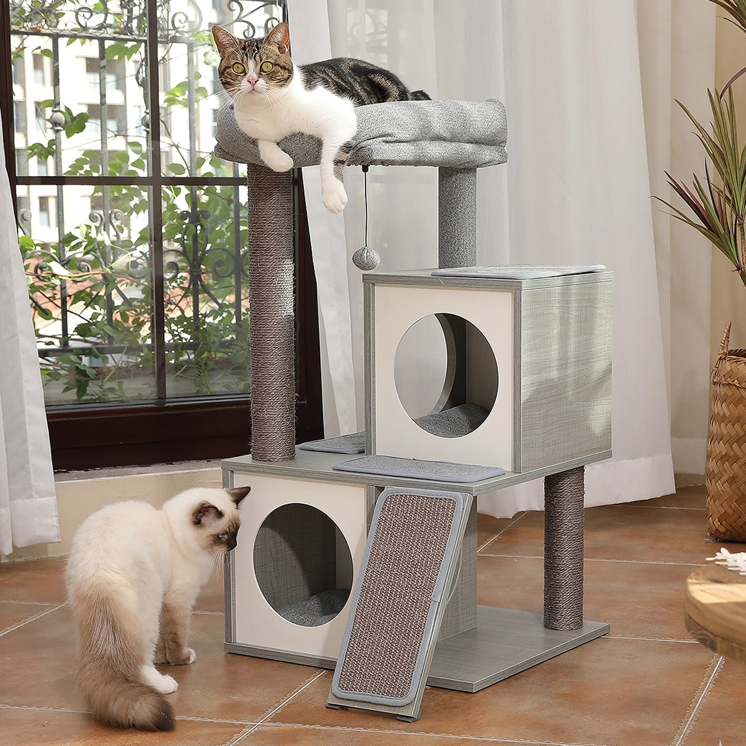 Modern Cat Tree with Sisal Scratching Posts Two Cozy Cat Condo Wooden Cat Tower for Indoor Cats Kitten Furniture House Cat Toys