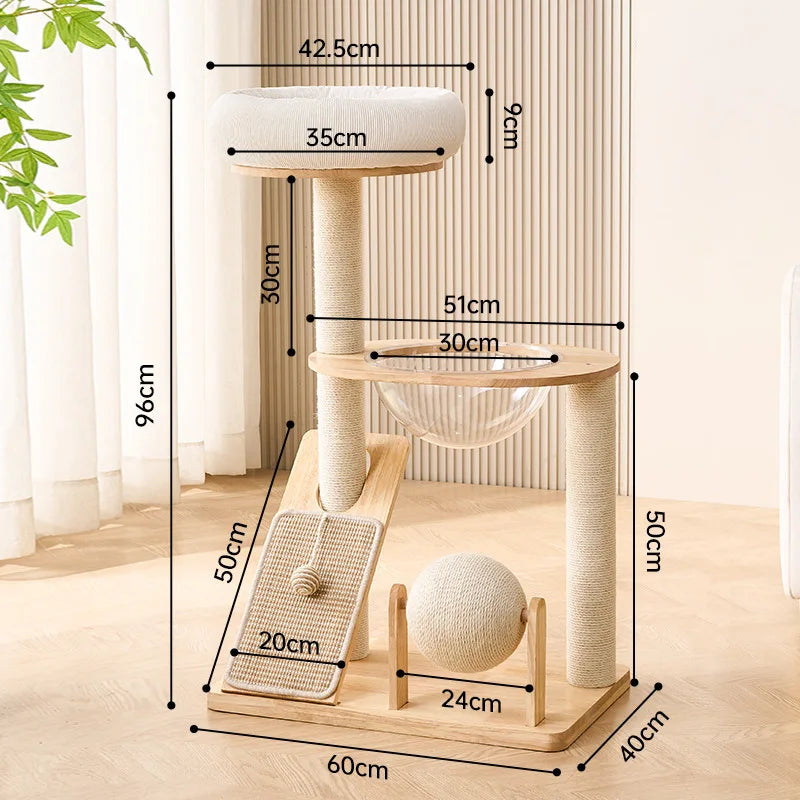 Compact Solid Wood Cat Tower with Scratching Post And Perch Cozy Space Saving Cat House for Home