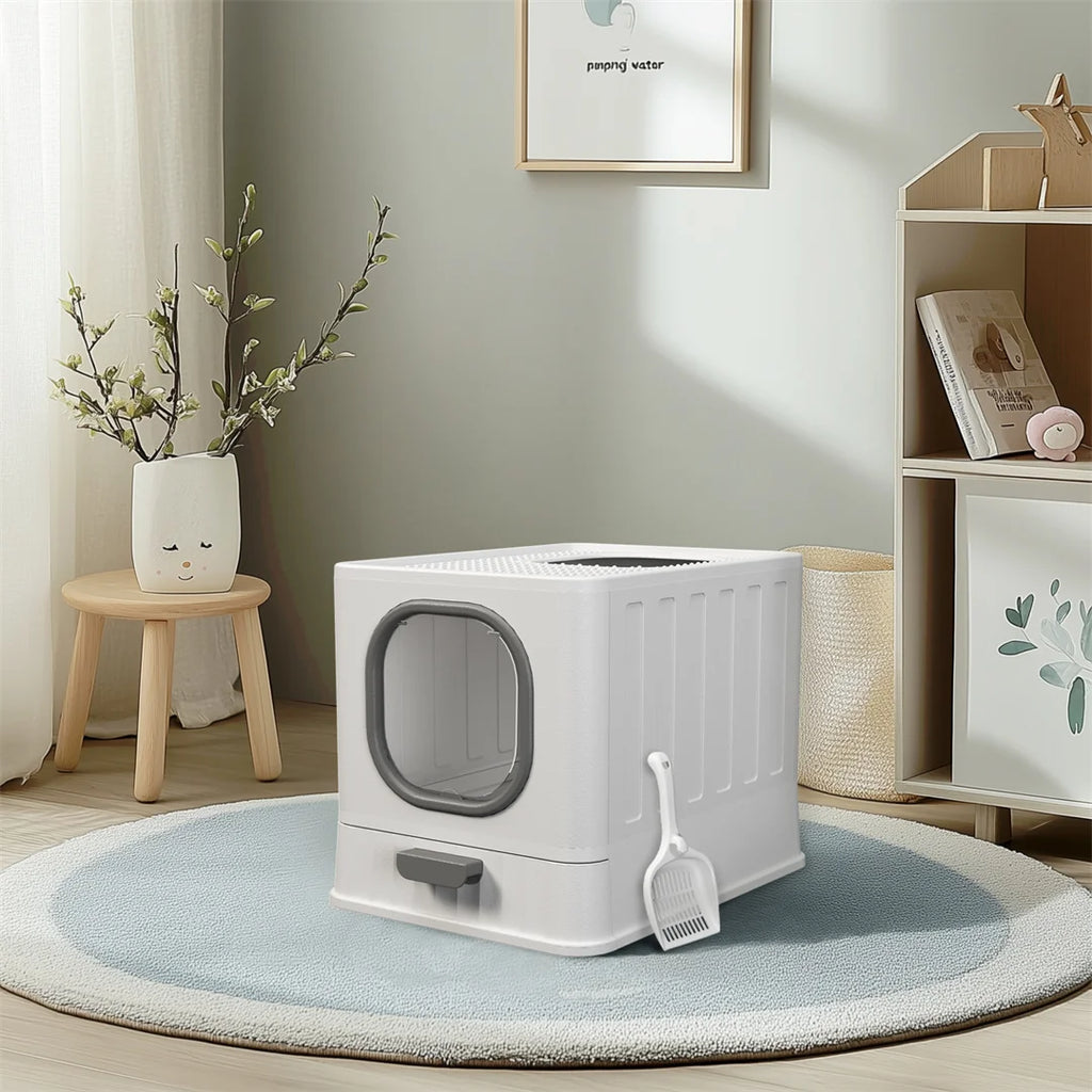 Cat Litter Box with Drawer,Enclosed Plastic Litter Box for Cat with Lid and Scoop,Front & Top Doors,Acrylic Window Little Box