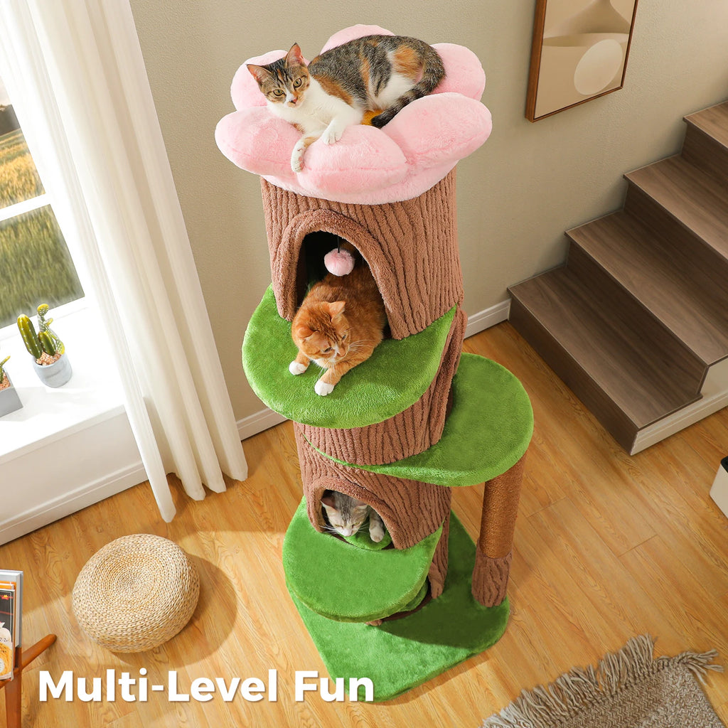 Wood Cat Tree with Cozy Condos Natural Scratching Posts Flower Perch Modern Cat Tower for Indoor Multi-Level Cat House Cat Toys