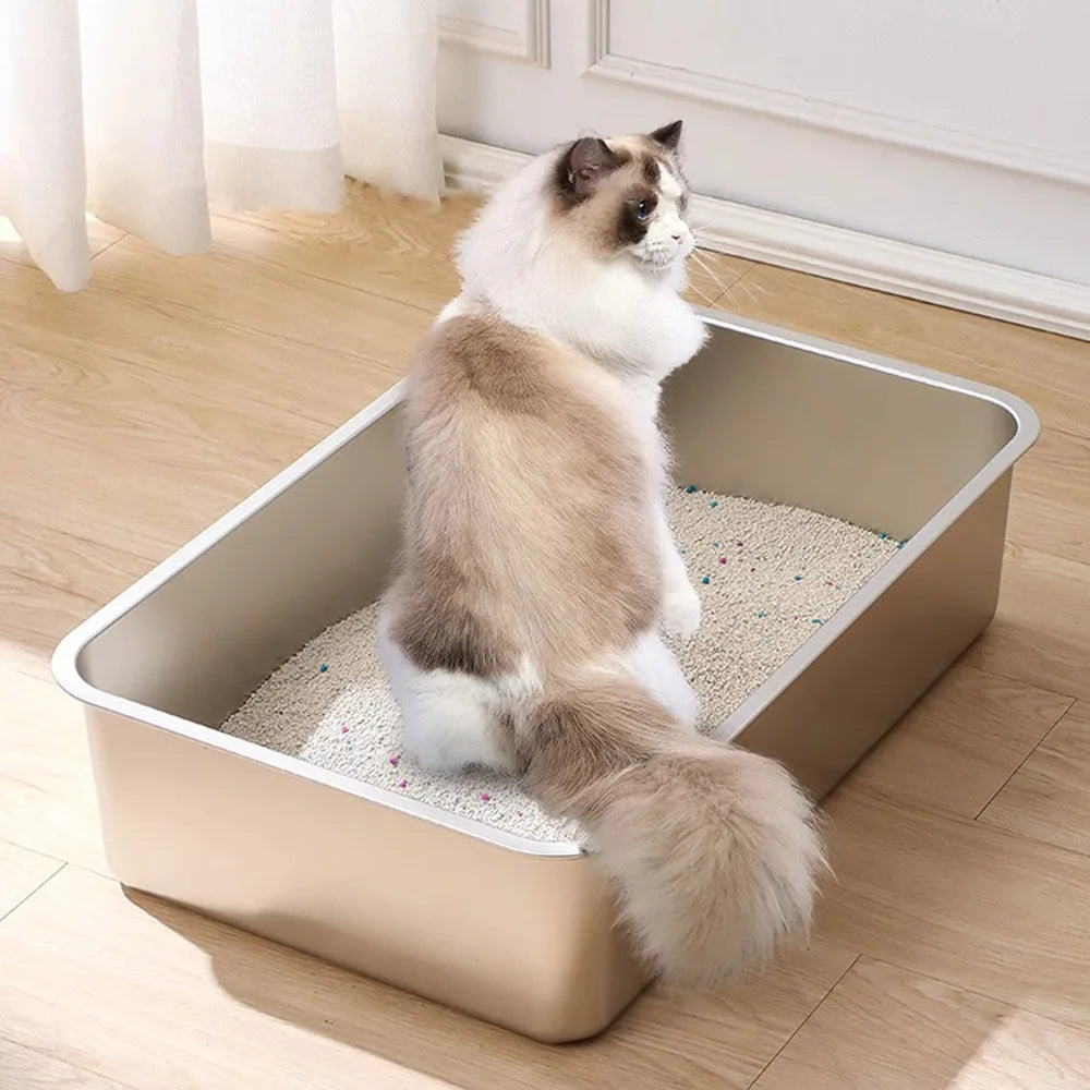 New Stainless Steel Cat Litter Box Easy To Clean High Sided Cat Toilet Large Capacity Pet Toilet Supplies Cat