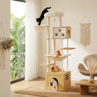 Wood Cat Tower with Extra Large Condos & Hammocks, Spacious Perch, Sisal Scratching Mat, 190 cm Large Cat Tree with Feeding Area