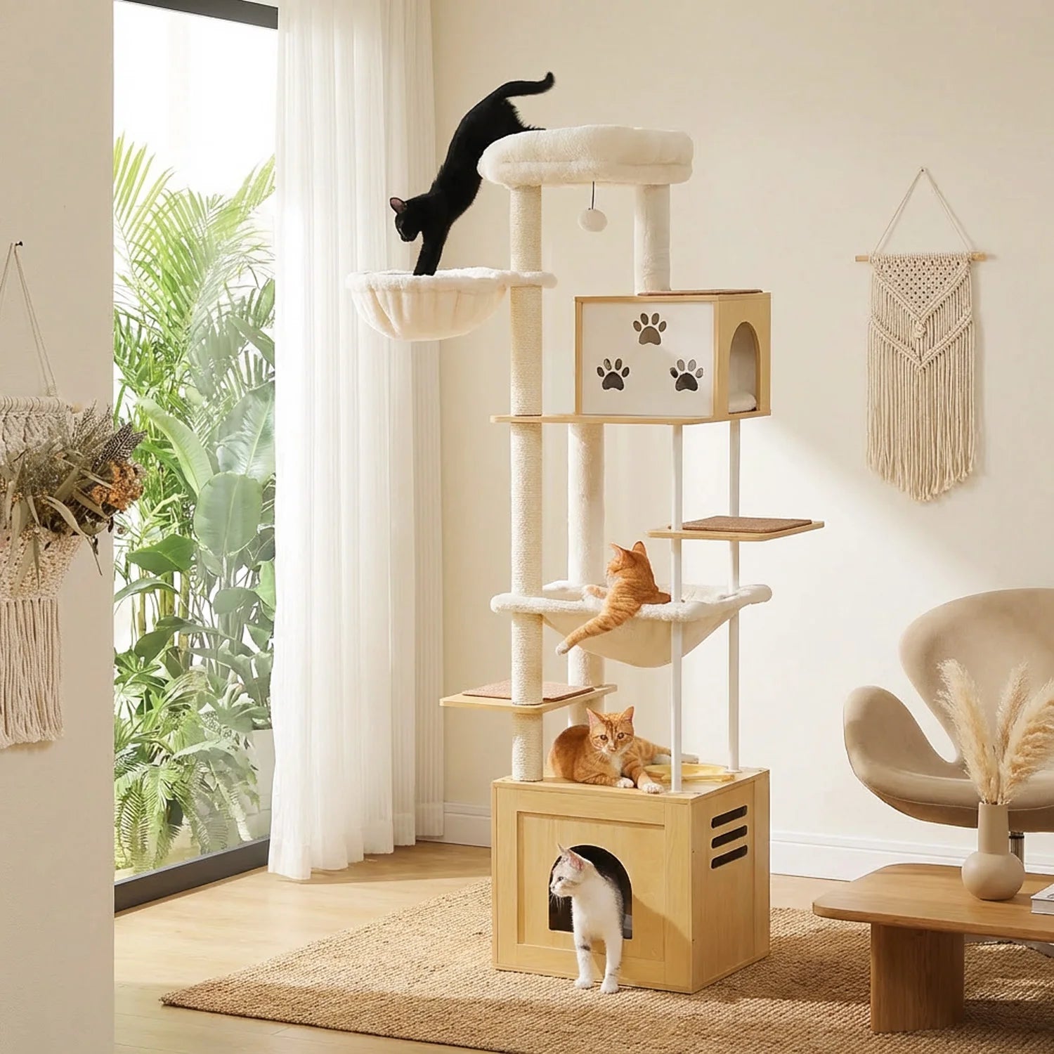 Wood Cat Tower with Extra Large Condos & Hammocks, Spacious Perch, Sisal Scratching Mat, 190 cm Large Cat Tree with Feeding Area