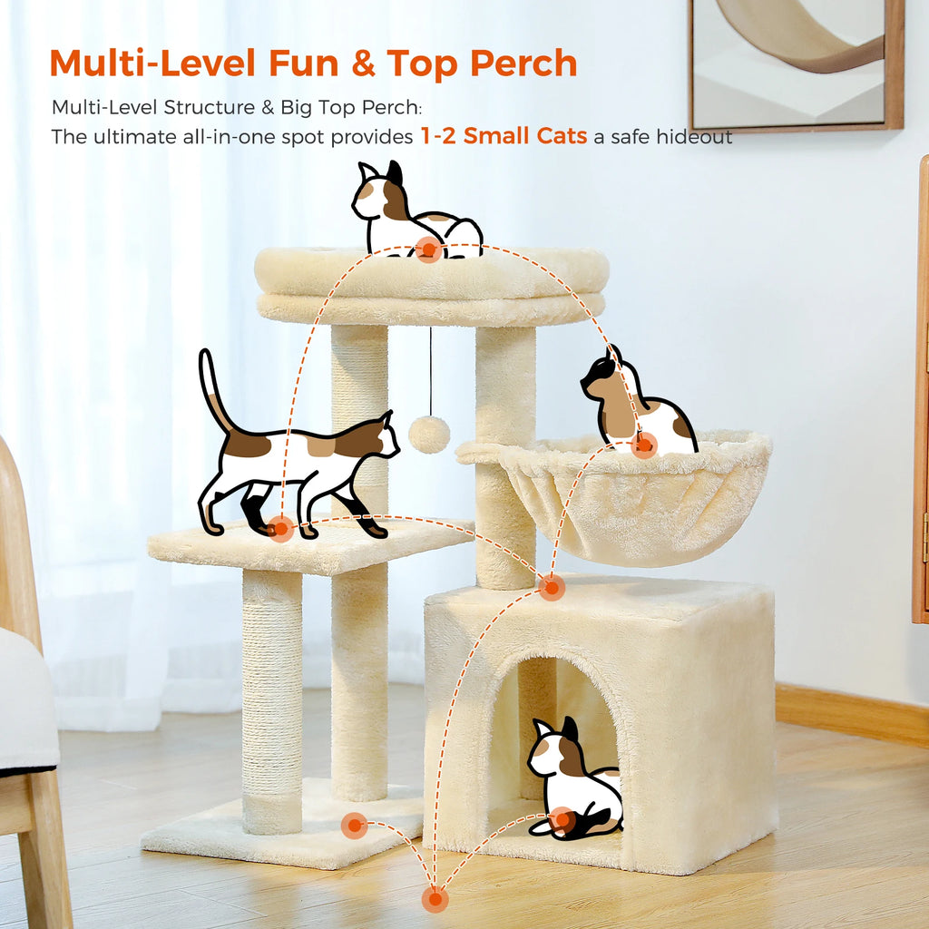 2 in 1 Cat Tree with Sisal Scratching Posts Cozy Condo Soft Hammock Removable Tope Perch Small Cat Tower for Indoor Cat Toys