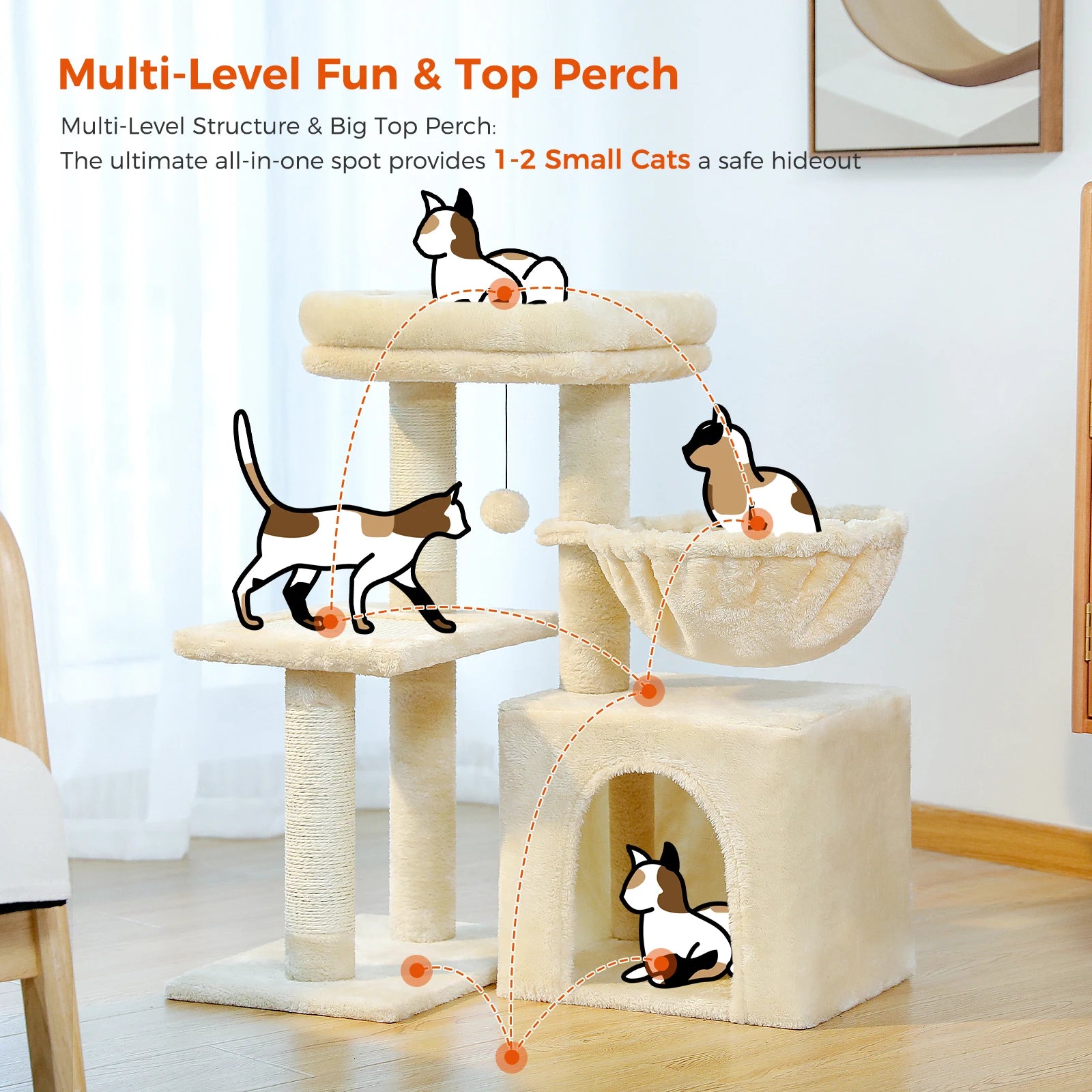 2 in 1 Cat Tree with Sisal Scratching Posts Cozy Condo Soft Hammock Removable Tope Perch Small Cat Tower for Indoor Cat Toys