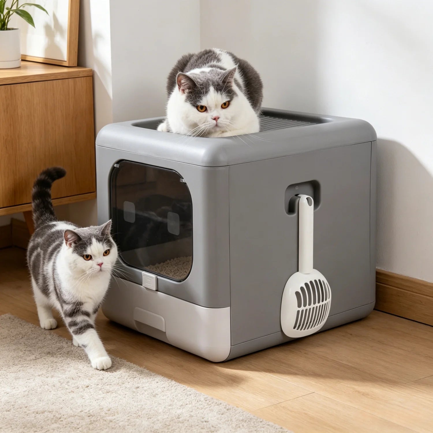 Cat Litter Box with Scoop and Tray Sifting Enclosed Foldable Kitten Toilet Detachable Poop Top Front Entry Pet Supplies