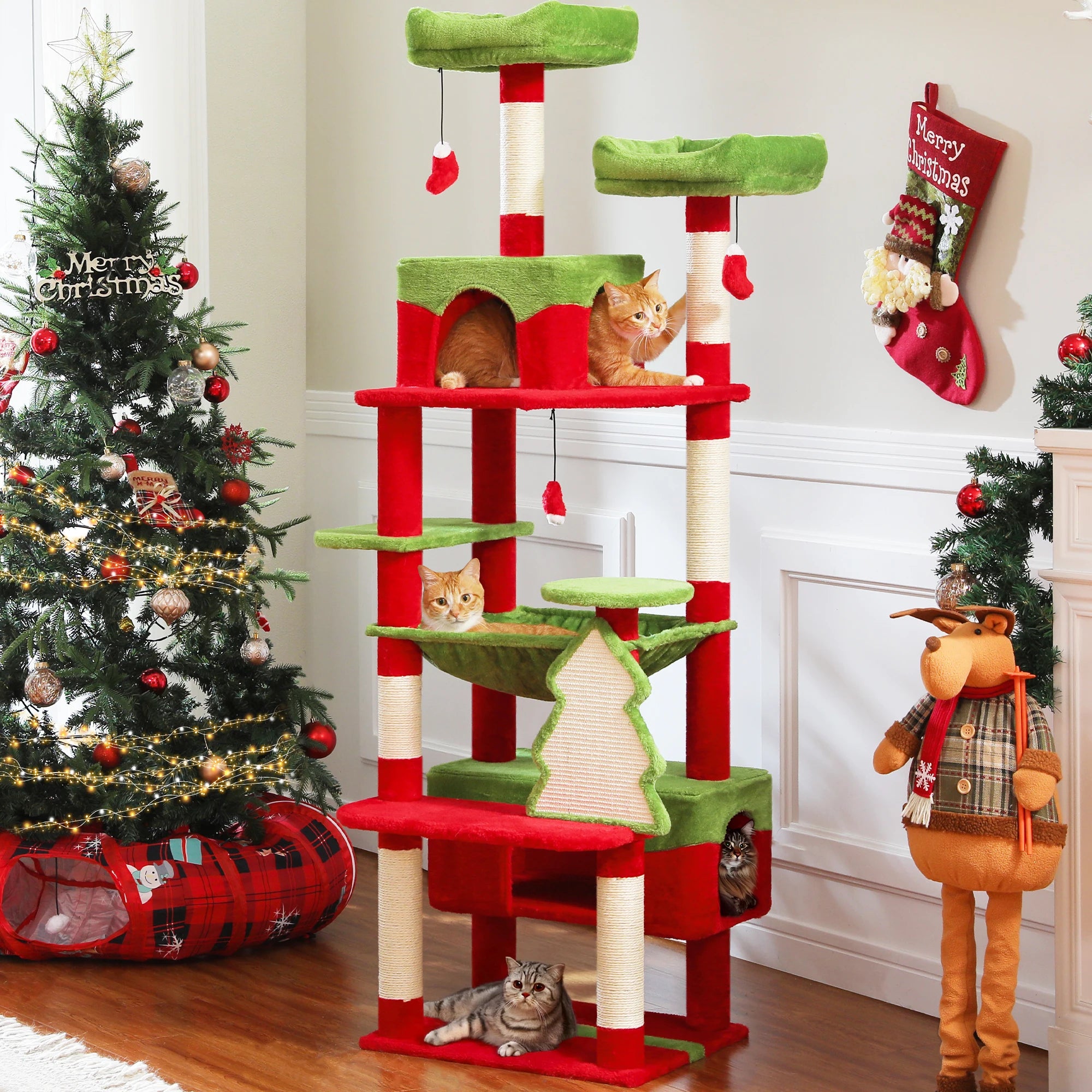 Christmas Festival Cat Tree Tower with 3 Cozy Condos,Sisal Scratching Posts,Cat House Bed Cat Furniture,Cat Accessories for Cats