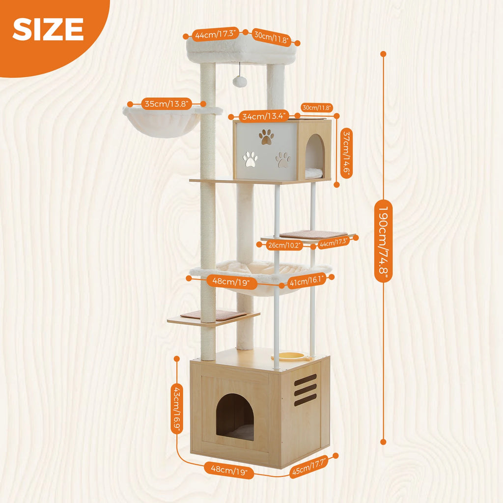 Wood Cat Tower with Extra Large Condos & Hammocks, Spacious Perch, Sisal Scratching Mat, 190 cm Large Cat Tree with Feeding Area