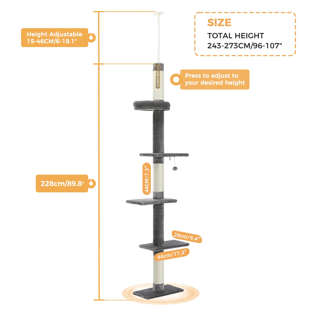 Adjustable Height Tall Cat Tree for Indoor Floor to Ceiling Cat Tower with Scratching Posts Cat Climbing Tree Scratcher Cat Toys