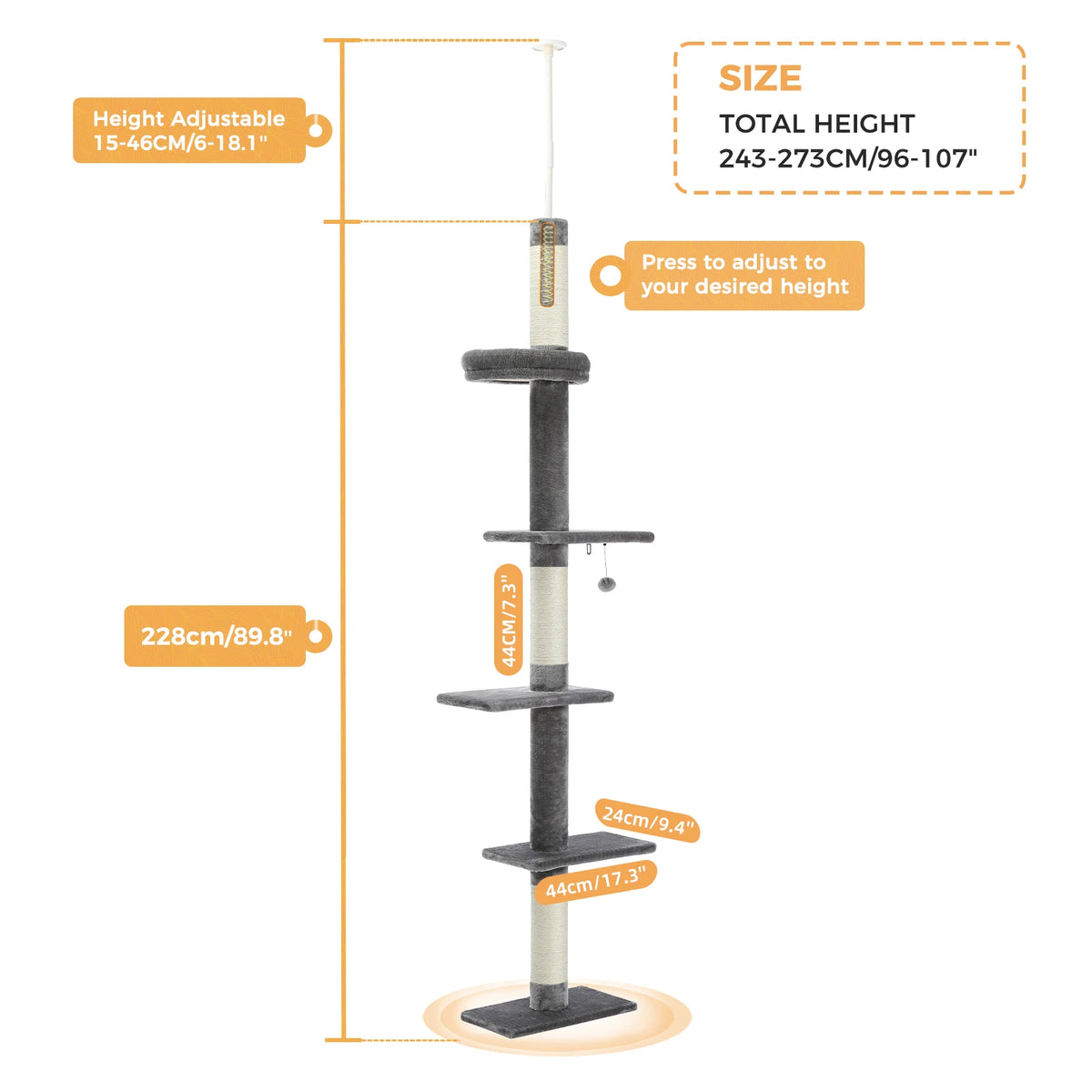 Adjustable Height Tall Cat Tree for Indoor Floor to Ceiling Cat Tower with Scratching Posts Cat Climbing Tree Scratcher Cat Toys