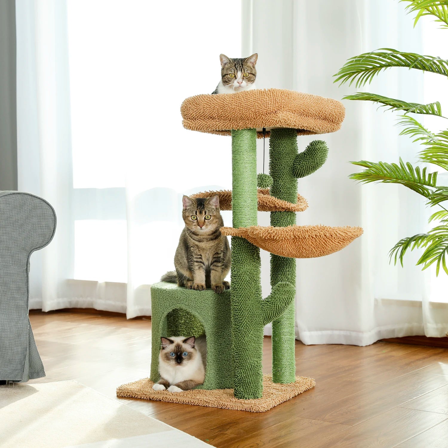 Cactus Cat Tree Cat Tower with Basket Lounger,Spacious Condo, Top Perches, Natural Sisal Scratching Post, Cat furniture,Cat Toys