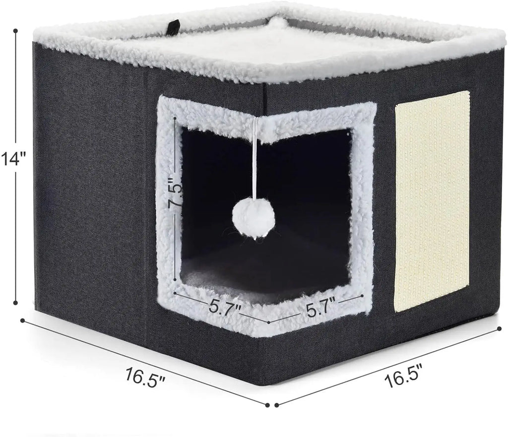 Cat Beds for Indoor Cats - Large Cat Cave for Pet Cat House with Fluffy Ball Hanging and Scratch Pad, Foldable Cat Hideaway