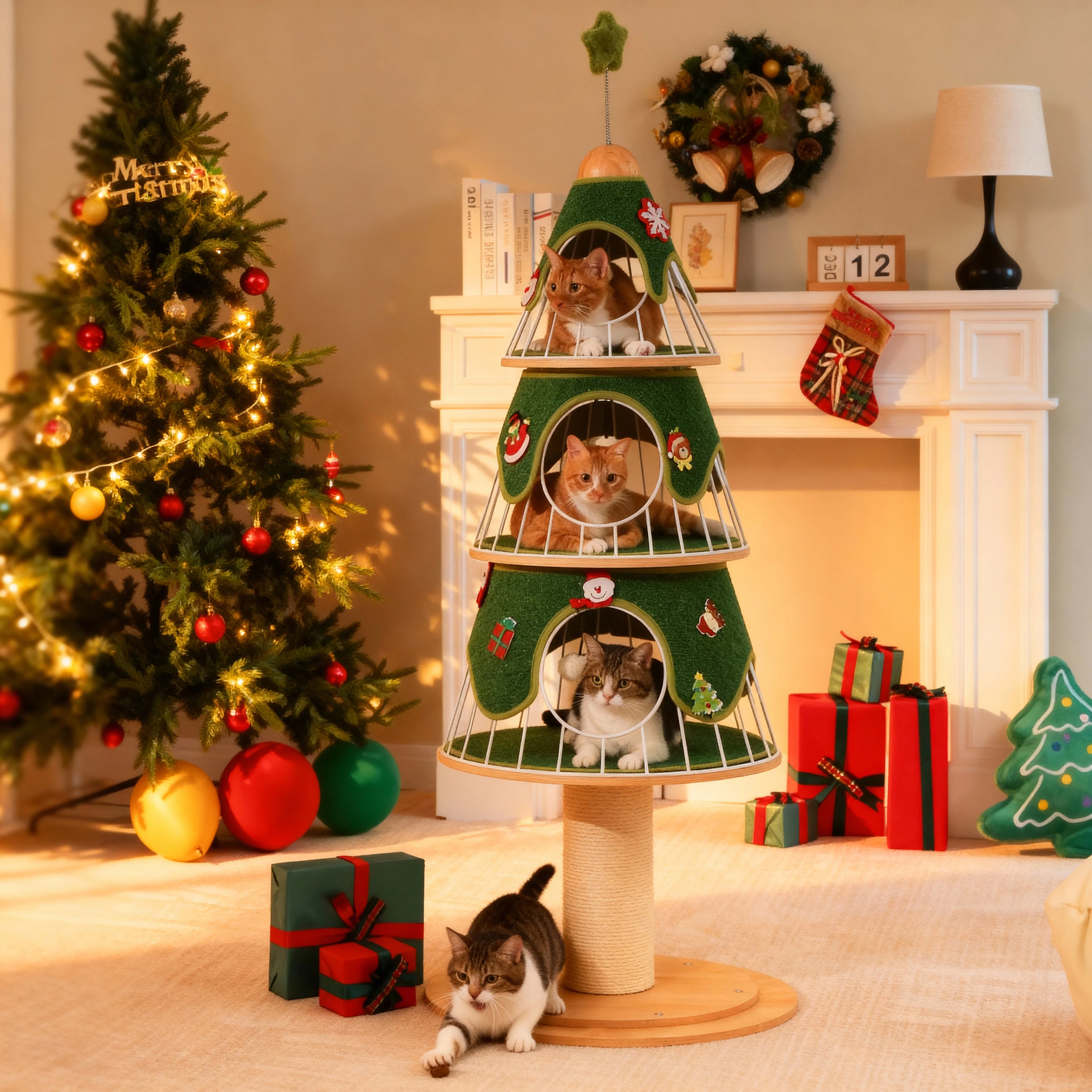 Christmas Festival Cat Tree Tower with 3 Cozy Condos,Sisal Scratching Posts,Cat House Bed Cat Furniture,Cat Accessories for Cats