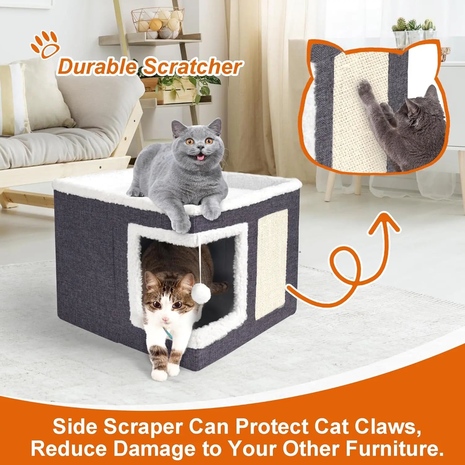 Cat Beds for Indoor Cats - Large Cat Cave for Pet Cat House with Fluffy Ball Hanging and Scratch Pad, Foldable Cat Hideaway