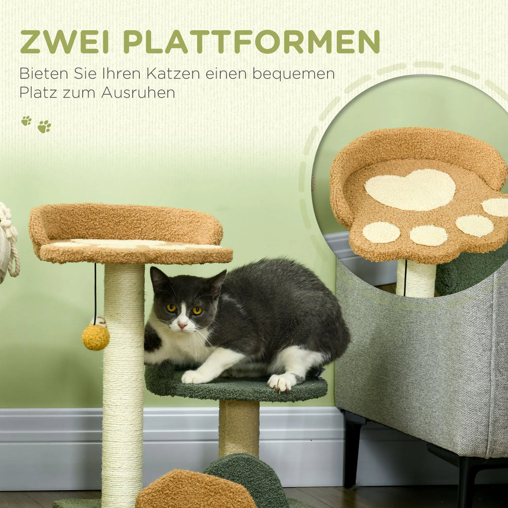 PawHut Scratching Post 52cm Cat Scratching Post Climbing Tree with 2 Levels, Sisal Play Ball