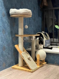 Compact Solid Wood Cat Tower with Scratching Post And Perch Cozy Space Saving Cat House for Home