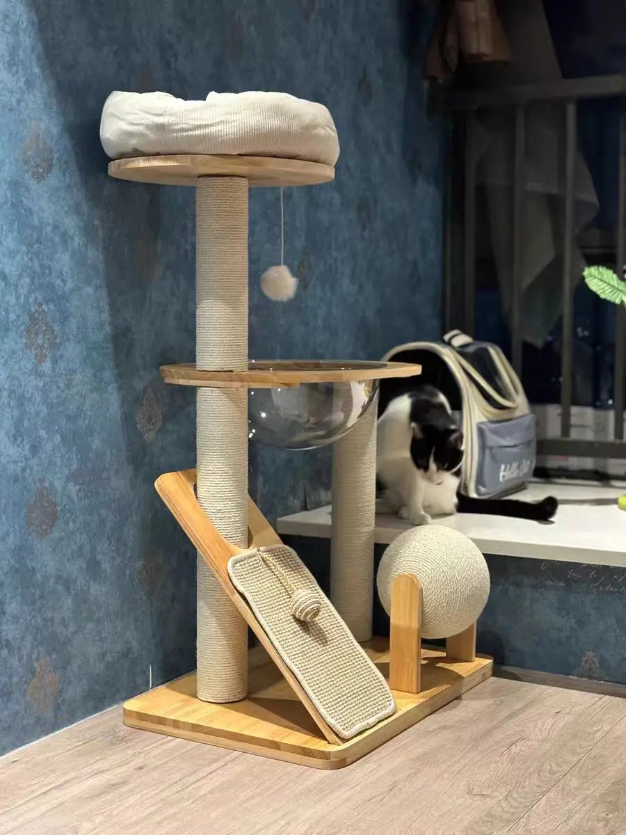 Compact Solid Wood Cat Tower with Scratching Post And Perch Cozy Space Saving Cat House for Home